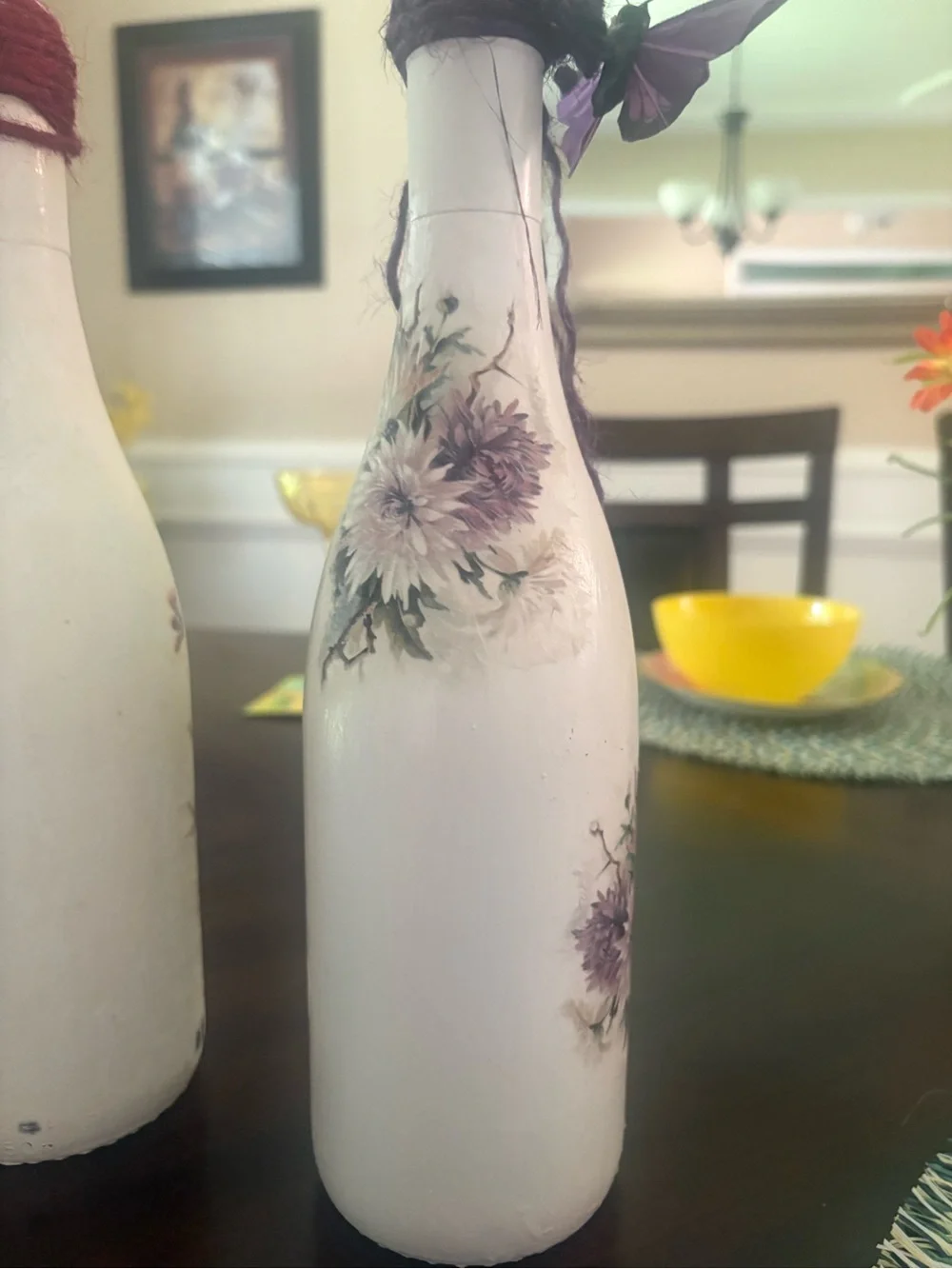 Handcrafted White/Cream Floral Decoupage Wine Bottle Accent - Decorative accent